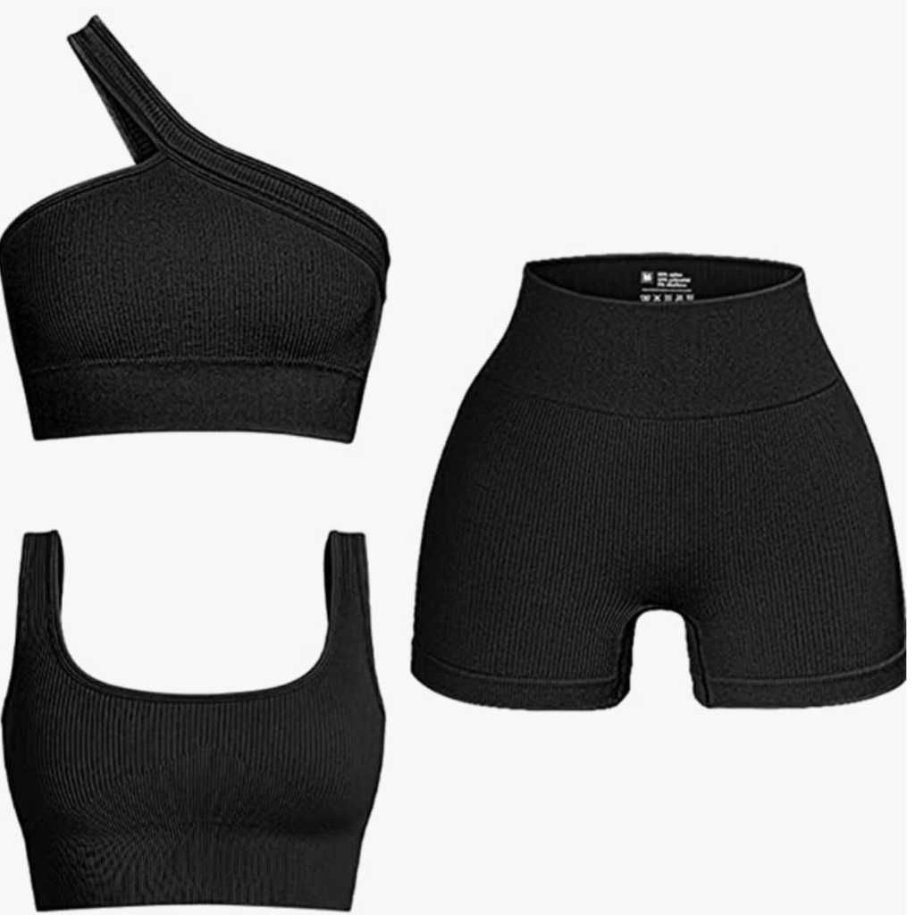 Women's 3 Piece Outfits Ribbed Seamless Exercise Scoop Neck Sports Bra One Shoul
